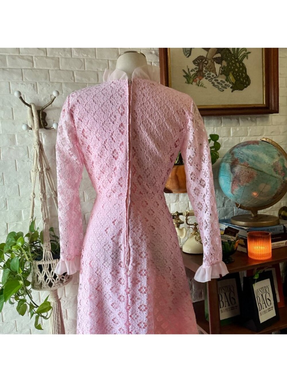 Vintage 1960s Bernie Bee Union Made Pink Lace Prairie Dress - Picture 8 of 13